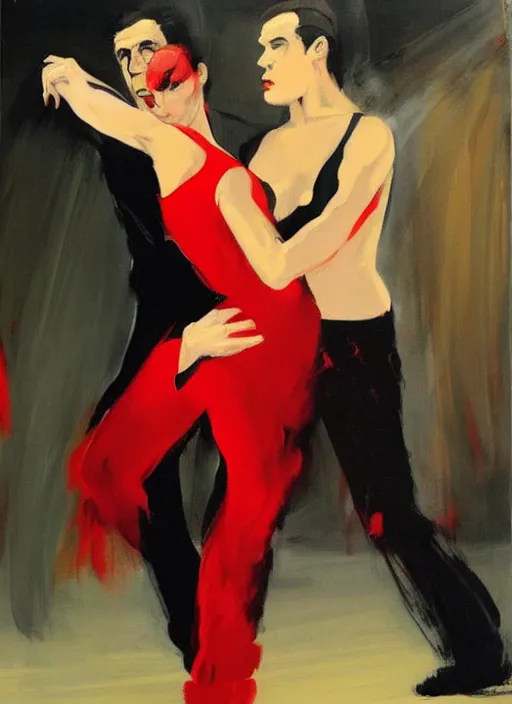 Image similar to tango dancerin in black and red dress, painting by phil hale, fransico goya,'action lines '!!!, graphic style, visible brushstrokes, motion blur, blurry, visible paint texture, crisp hd image