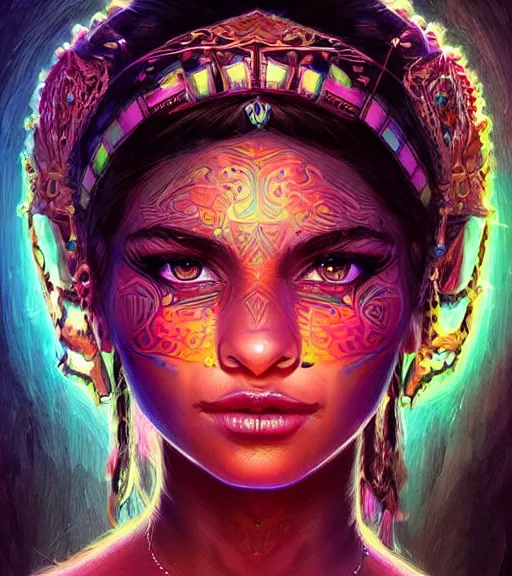 Image similar to beautiful intricate exquisite mayan princess realistic face, beautiful eyes, neon colors, drawing, in the style of greg rutkowski, fantasy, amazing detail, epic, intricate, elegant, smooth, sharp focus