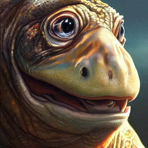 Image similar to zoomed in portrait of a hyper realistic mitch mcconnell as an anthropomorphic turtle, painted by greg rutkowski, artgerm, beautiful lighting, masterpiece, epic, 4 k