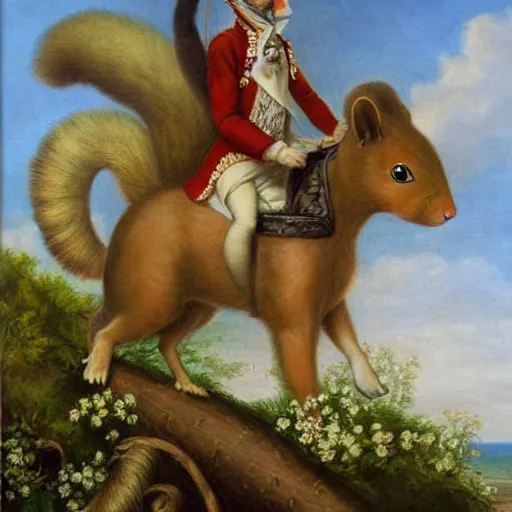 Image similar to a giant fluffy squirrel carrying napoleon bonaparte on its back, beach scene, flowers and foliage, detailed oil painting