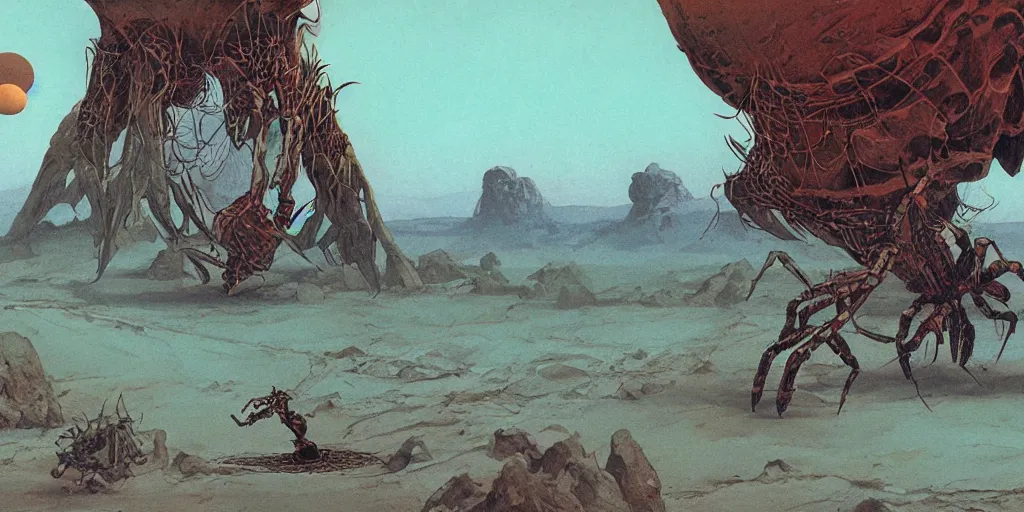 Prompt: remains of a gigantic extraterrestrial spider in the desert, beautiful matte painting of a science-fiction planet, Moebius, Roger Dean, Arstation, Arstation, Artstation