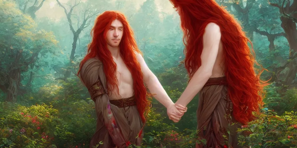 Prompt: a male and a red haired female with long hair who are in love holding hands, fantasy world, painted by sylvain sarrailh, ferdinand knab, trending on artstation