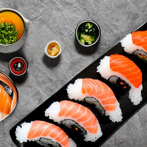 Prompt: sushi laid out on a slab of stone that is laying on a wooden table, high detail, 4k, complex