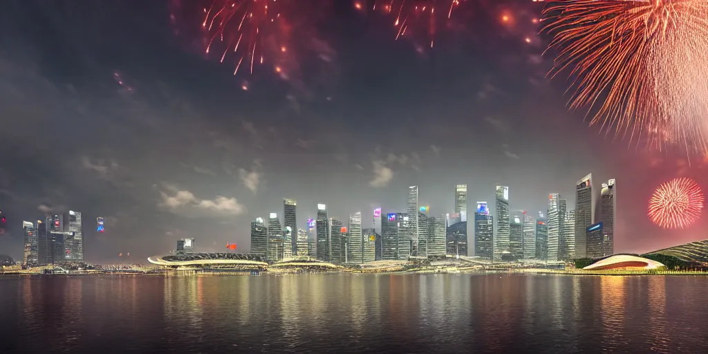 Prompt: Singapore city, Singapore Esplanade, Singapore Marina Bay, with a lion-shaped cloud in the sky and fireworks in the sky, by greg rutkowski, red and white lighting, digital art, ultra realistic, ultra detailed, photorealistic, 4k, character concept