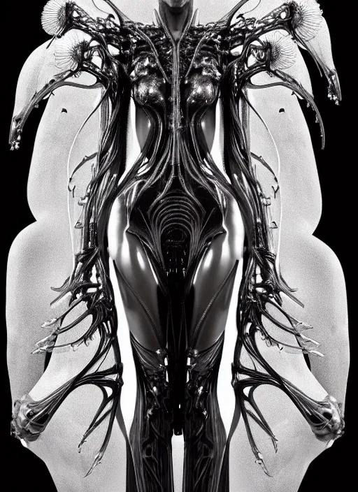 Image similar to iris van herpen gothic inflateble dark dress, perfect symmetrical body, helmet on face, full body shot, alien, plant predator, guyver, giger, wires, tubes, veins, jellyfish, white biomechanical details, wearing epic bionic cyborg implants, masterpiece, intricate, biopunk, vogue, highly detailed, artstation, concept art