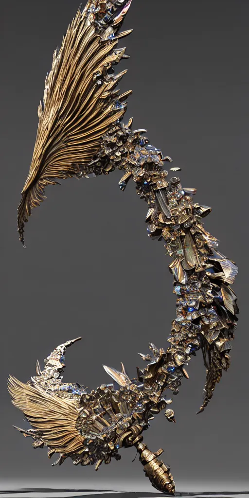 Image similar to beautiful physical hyper detailed render of a huge mega moon bow weapon made of crystal, the style of louis comfort tiffany, pascal blanche, zigor samaniego, paul pepera, ellen jewett, weapon design, perfect shadow, mechanics, feather, wing, exquisite, metal, structure, c 4 d, 3 d render, unreal engines, atmospheric lighting, 4 k hd