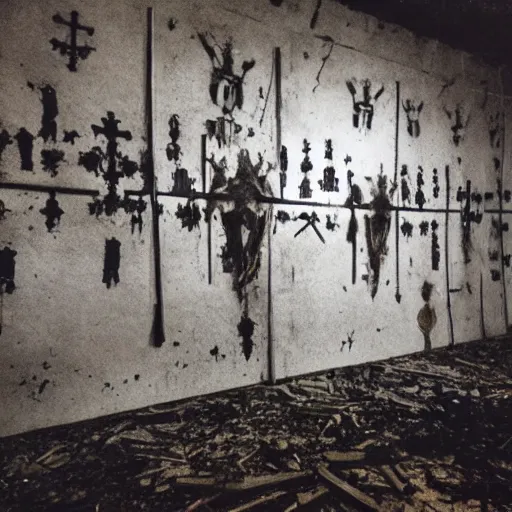 Image similar to creepy abandoned occult sacrifice site in building, crosses hanging on walls, handprints on floor, real Polaroid photo