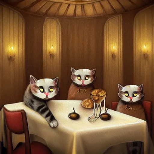 Image similar to Cat’s restaurant, in da Vinci style, trending on artstation