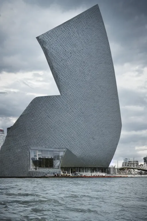 Image similar to a incredible cutting edge new building on the London waterfront designed by bjarke ingels, photo by Annie Leibovitz