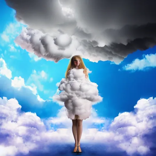 Image similar to goddess wearing a cloud fashion on the clouds, photoshop, colossal, creative, giant, digital art, photo manipulation, clouds, sky view from the airplane window, covered in clouds, girl clouds, on clouds, covered by clouds, a plane