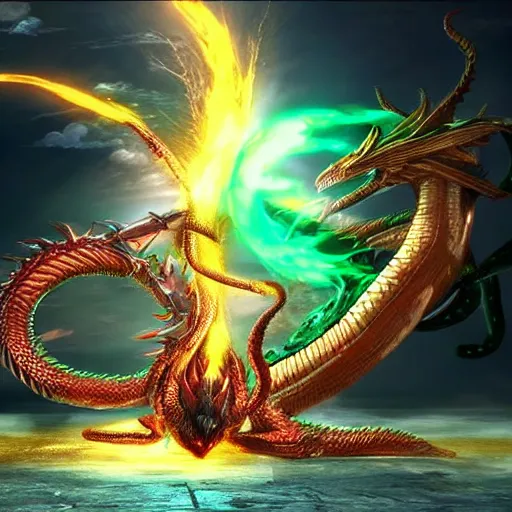 Image similar to shenron fighting bahamut, hyper realistic, cg animation, final fantasy, dragon ball z