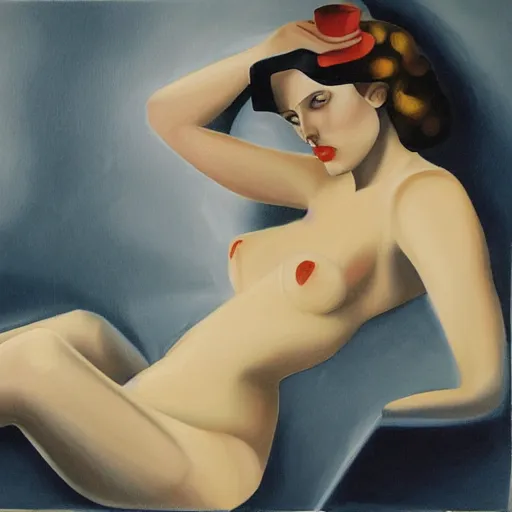 Image similar to painting of Scarlett Johansson bathing, style of Tamara de Lempicka