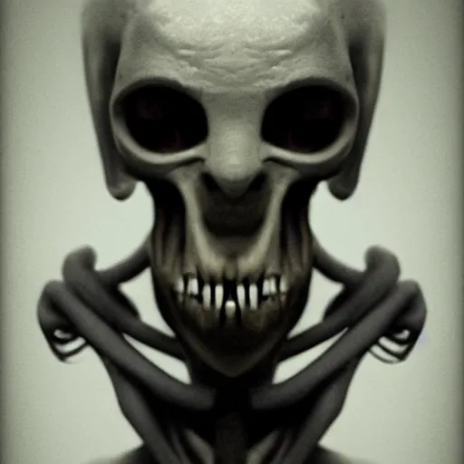 Prompt: humanoid with crooked teeth, sepia tint, two shallow black eyes, long open black mouth, alien looking, big forehead, horrifying, killer, creepy, long open black mouth, dead, looking straight into camera, realistic, slightly red, long neck, boney, monster, tall, very skinny, skullish, big forehead, in the style of alfred kubin