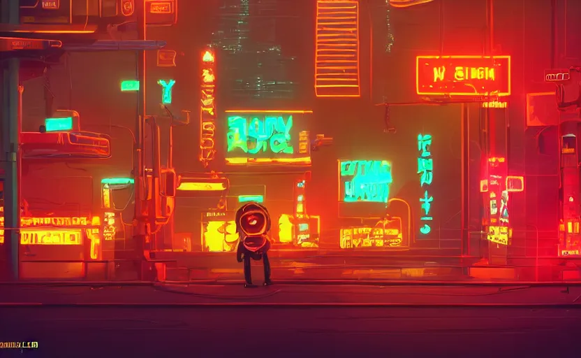 Prompt: Skinny orange cat in cyberpunk with neon signs and robots, very detailed, very photorealistic.