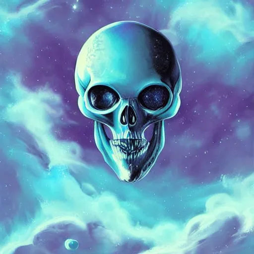 Image similar to alien skull on blue cloud nebula background, acrilic paint, digital, artstation, detailed intricate ink illustration, heavenly atmosphere, digital art, overdetailed art, concept art, complementing colors, trending on artstation, cgstudio, the most beautiful image ever created, dramatic, subtle, details, award winning artwork, beautiful scenery