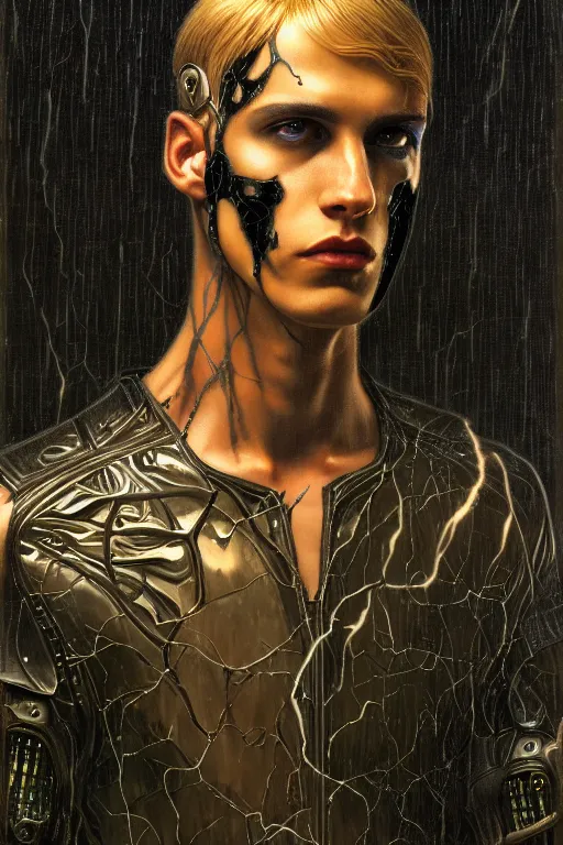 Image similar to portrait of beautiful gothic and futuristic young man with a lot of scars, more thunderstorm, dressed in cyber armor, a lot of scars, firestorm hair, the middle ages, highly detailed, artstation, illustration, art by jean delville and leon gerome and vincent disederio, 8 k quality