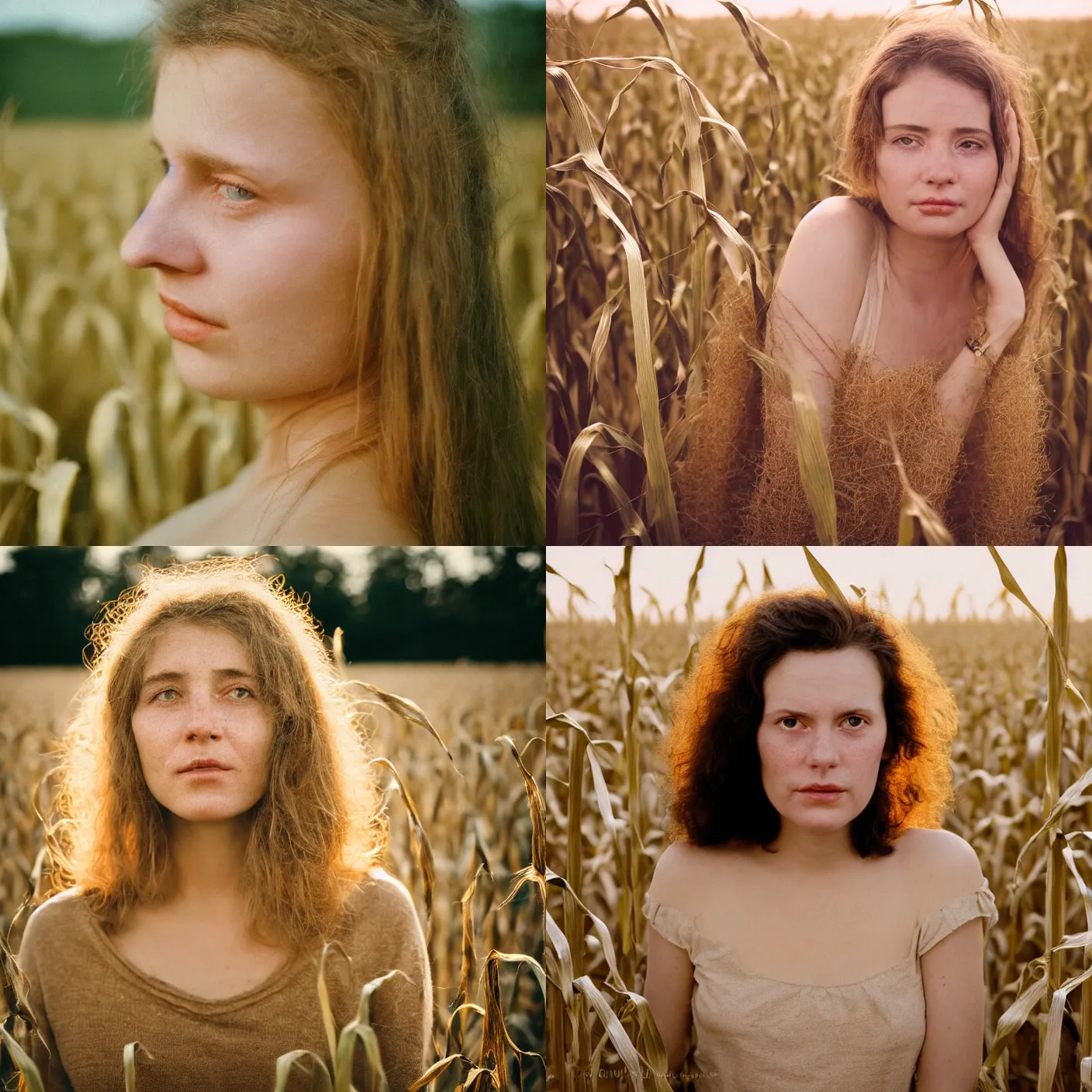 Prompt: An vintage analog head and shoulder frontal face portrait photography of a woman hiding in a corn maze field leaves by Maxim Nikolaev. Kodak Portra 800 film. shallow depth of field. (Depth of field). whirl bokeh!!. Golden hour. detailed. hq. realistic. warm light. muted colors. dark Mood. Filmic. Dreamy. lens flare. Mamiya 7ii, f/1.2, symmetrical balance, in-frame