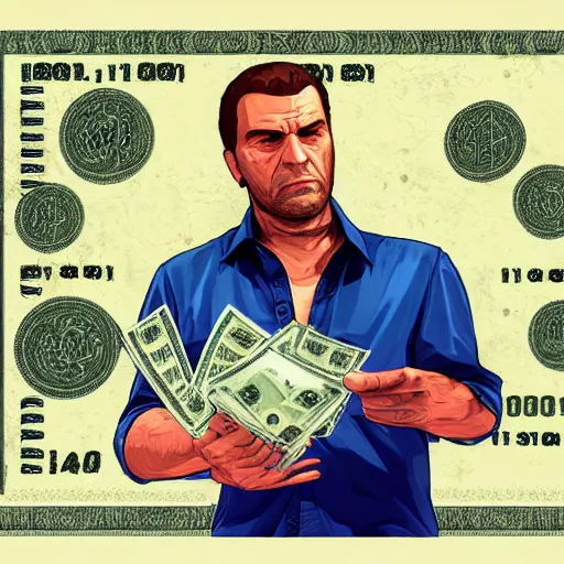 Image similar to a man holding a bunch of money to his face, gta loading screen, digital art,