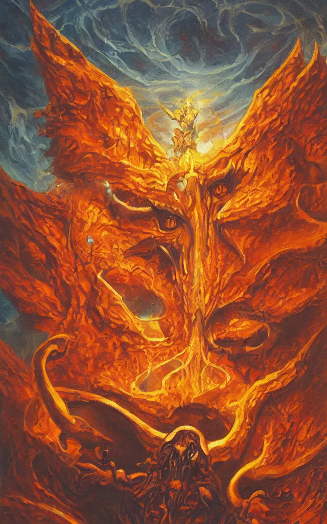 Image similar to moloch of the amber mythos fallen celestial spirit, award winning oil painting, sharp color palette