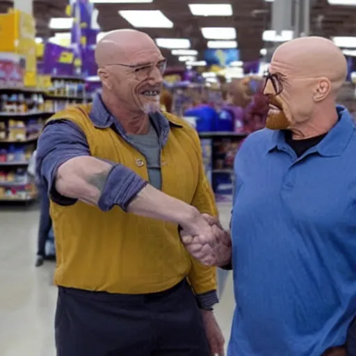 Image similar to walter white shaking hands with thanos at a walmart,