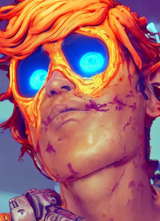 Image similar to glowwave portrait of curly orange hair man from borderlands 3, au naturel, hyper detailed, digital art, trending in artstation, cinematic lighting, studio quality, smooth render, unreal engine 5 rendered, octane rendered, art style by klimt and nixeu and ian sprigger and wlop and krenz cushart.