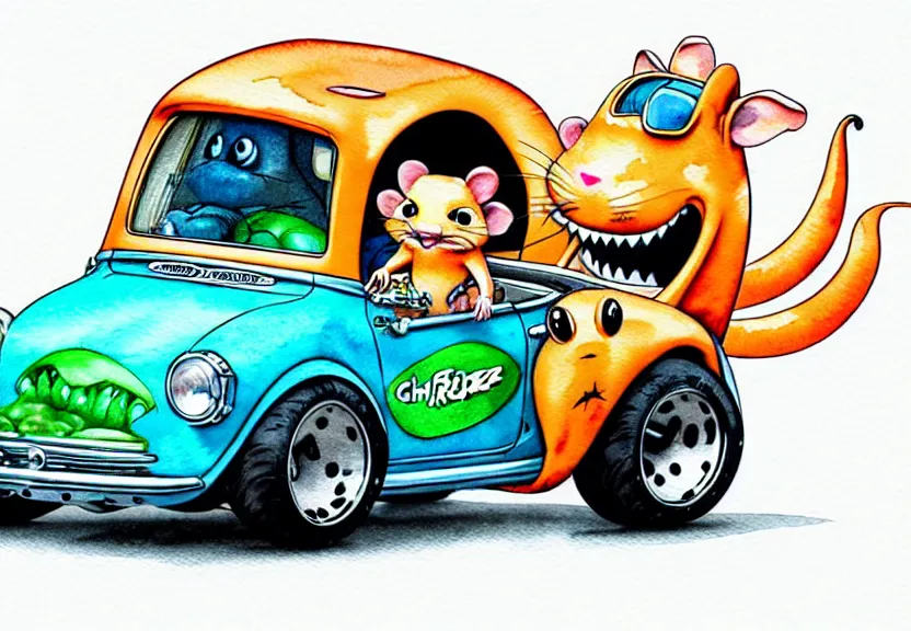 Image similar to cute and funny, rodent riding in a tiny hot rod coupe with oversized engine, ratfink style by ed roth, centered award winning watercolor pen illustration, isometric illustration by chihiro iwasaki, edited by range murata