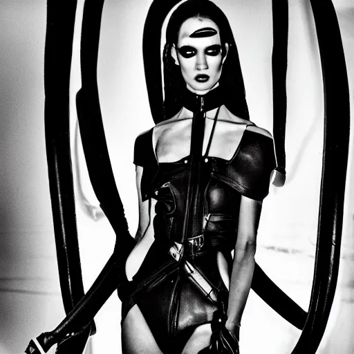 Image similar to fashion photography of an extraterrestrial model, holding a leather whip, wearing demobaza fashion, inside berghain, berlin fashion, harness, futuristic fashion, dark minimal outfit, photo 3 5 mm leica, hyperdetail, berghain, 8 k, very detailed, photo by nick knight