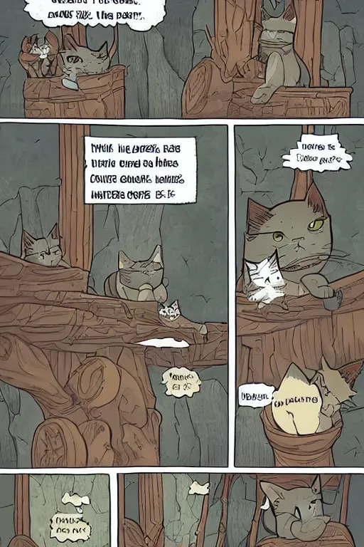 Prompt: a graphic novel comic about cats in a fantasy world, by mike holmes, webcomic, cartoon