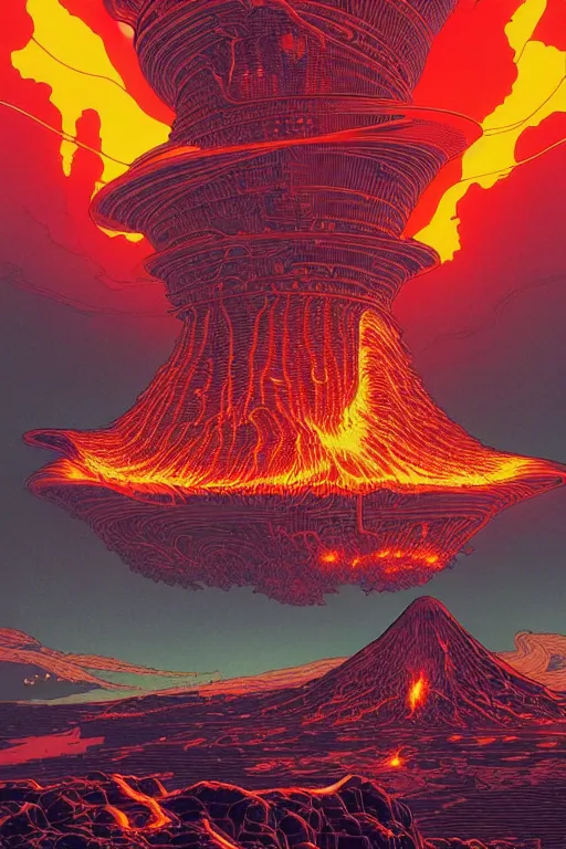 Prompt: artwork by kilian eng and toshi yoshida and franklin booth showing a futuristic powerstation!! in front of a ( ( erupting volcano ) ), vintage scifi, high details, dramatic lightning,, 8 k