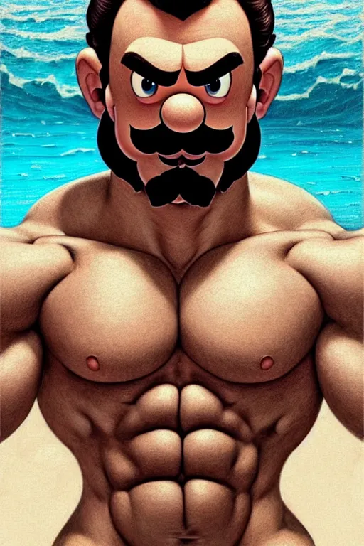 Image similar to gigachad luigi bodybuilder in the ocean by ilya kuvshinov, ernest khalimov body by krista sudmalis, super mario bros symmetrical face concept art, hyper realistic, intricate, elegent, highly detailed, digital painting, concept art, smooth, sharp, focus, illustration, art by artgerm and greg rutkowski and alphonse mucha, artstation