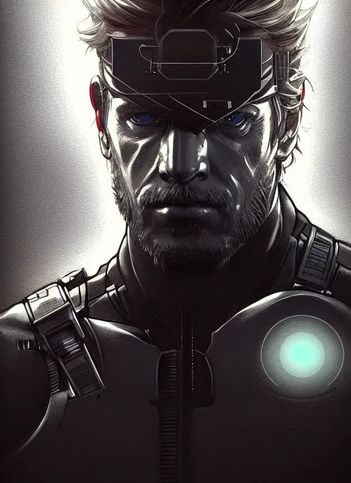 Image similar to symmetry!! portrait of solid snake, metal gear solid, tech wear, glowing lights!! intricate, elegant, highly detailed, digital painting, artstation, concept art, smooth, sharp focus, illustration, art by artgerm and greg rutkowski and alphonse mucha