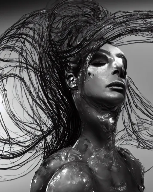 Image similar to epic full - pov - shot still of kim kardashian unconscious wearing a black lace dress in a transparent alien liquid, wet flowing hair, gooey skin, illustration, unreal engine 5, 8 k, made by h. r. giger.