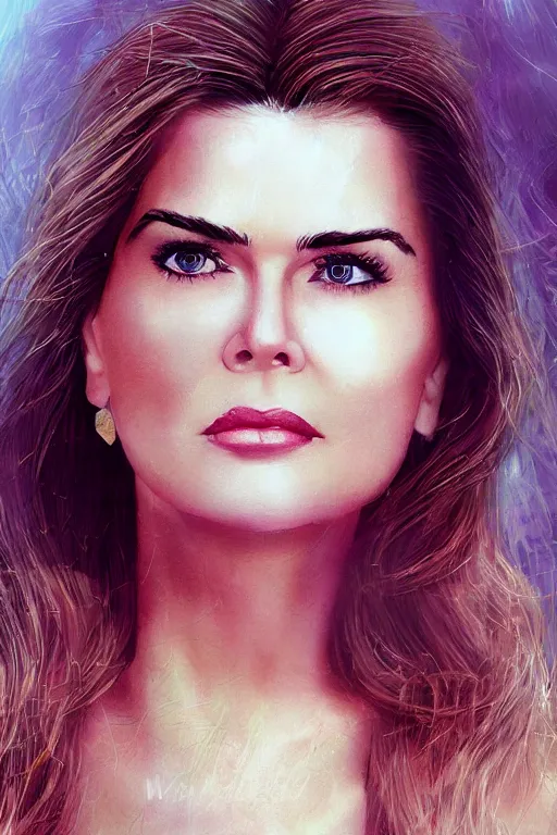 Image similar to mix of beautiful young maria shriver, mariel hemmingway, brooke shields, nicole kidman and elle macpherson as a young bikini model, thin lips, hair tied up in a pony tail, dark blonde hair, colorful, artstation, cgsociety