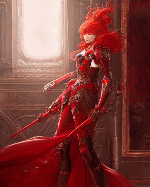 Prompt: redhead queen knight in heavy red armor, inside grand hall in castle with rococo aesthetic, intimidating, high fantasy, intricate detail, digital painting, artstation, concept art, smooth, sharp focus, illustration, art by yoshitaka amano and monia merlo and wlop, masterpiece