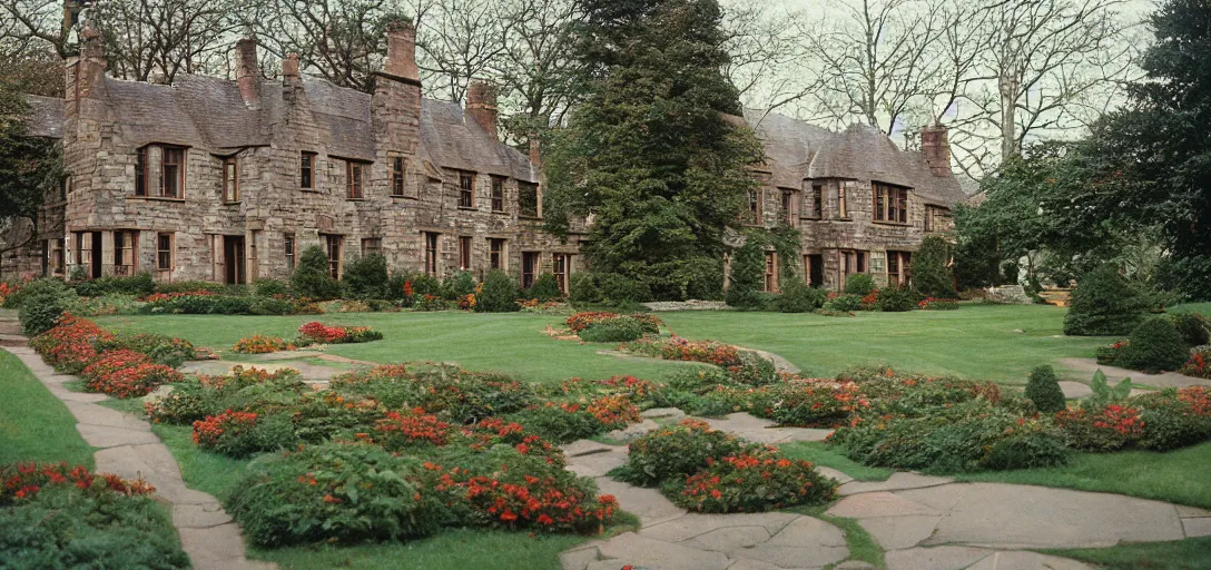 Image similar to scottish blackhouse mansion designed by daniel burnham. outdoor landscaping designed by fredrick law olmsted. fujinon premista 1 9 - 4 5 mm t 2. 9. portra 8 0 0.