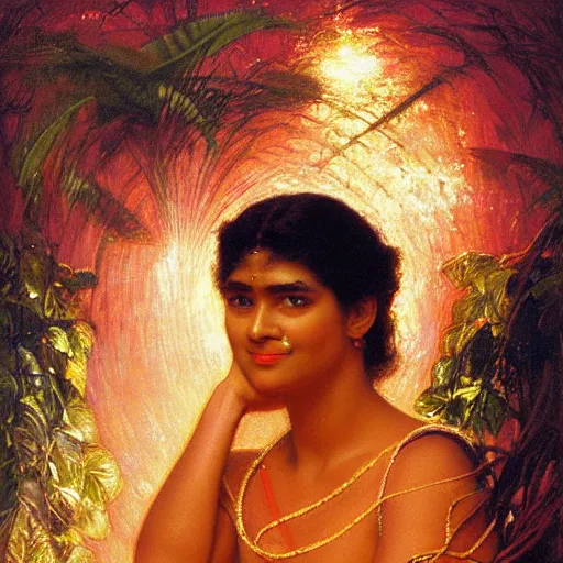 Prompt: 8 0 s srilankan woman with futurestic neon lights painting by gaston bussiere, craig mullins, j. c. leyendecker, lights, art by ernst haeckel, john william godward, hammershøi,,