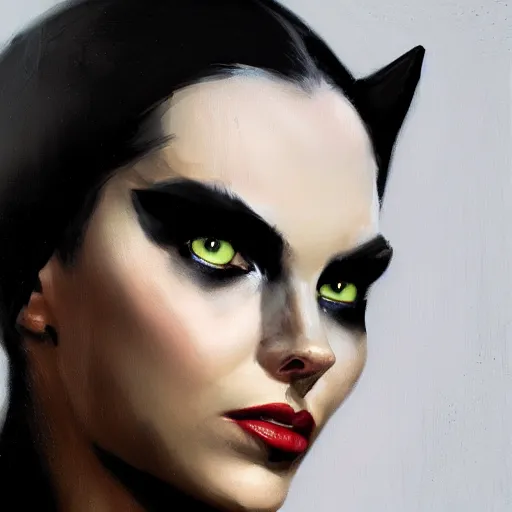 Image similar to a closeup portrait of catwoman, dramatic lighting, chiaroscuro, high detail, painted by greg rutkowski, painted by igor kieryluk, painted by bobby chiu, trending on artstation