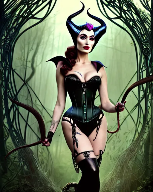 Prompt: new art nouveau portrait of fantasy succubus maleficent megan fox wearing a leather corset in a magical forest, anna dittmann, moebius, wlop, artgerm, patrick nagle, charlie bowater and loish. long windblown hair, ultrasharp focus, dramatic lighting, barbwire vine arches, photorealistic digital matte painting, intricate.