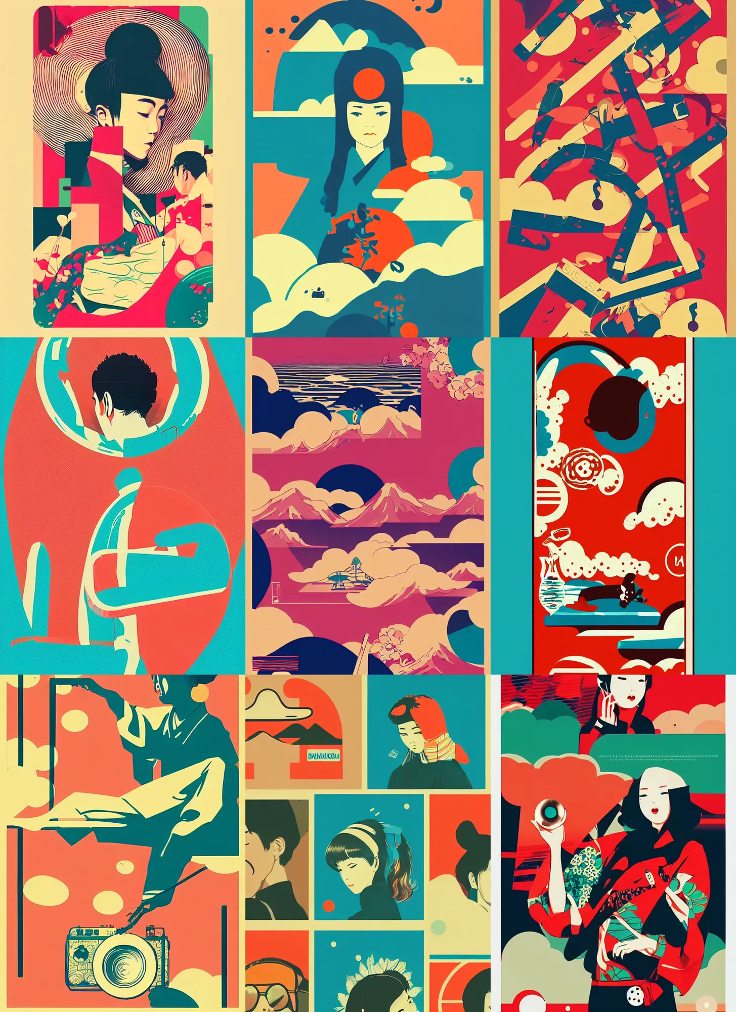 Prompt: beautiful illustration of layout of japanese pop art, chillhop, contemporary art, obi strip, poster, 8 0 s, album art, trendy typography, lo - fi, logo, landscape, pinterest, dribble, influenced by retro and vintage, artstation, 8 k, user interface