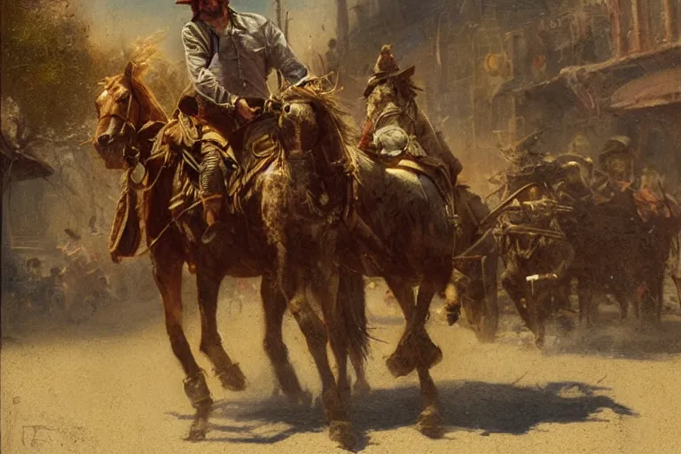 Prompt: close up portrait of rugged sheriff riding his horse through a busy old - west town, detailed, volumetric lighting, cinematic, in the style of fredrick remington, gaston bussiere