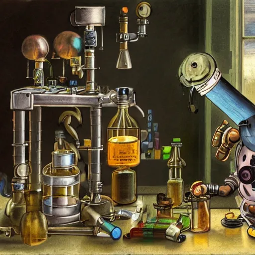 Prompt: a steampunk robot mouse performing a chemistry experiment at a lab bench, grimy, beakers are glowing, the lab is packed with equipment, renaissance painting, pastel colors