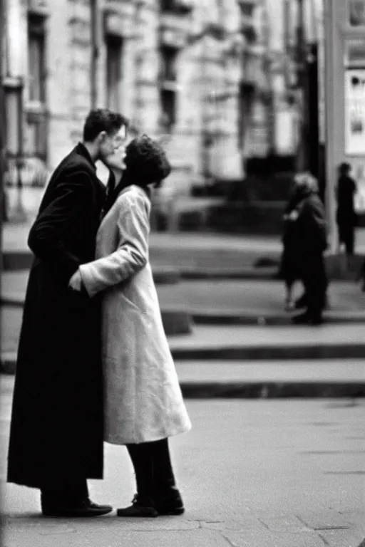 Prompt: street photo, couple of man and woman kiss on the background of the war, film photography, exposed b & w photography, christopher morris photography, bruce davidson photography, peter marlow photography