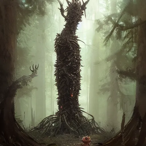 Image similar to a living tree with legs and a tail, in the shape of a rat, in a corrupted forest, by greg rutkowski, trending on art station, highly detailed, magic the gathering, matte painting