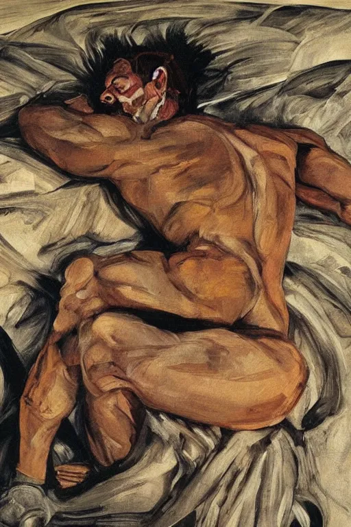 Image similar to Beast ,fully clothed, from the X-Men oil painting by Lucian Freud