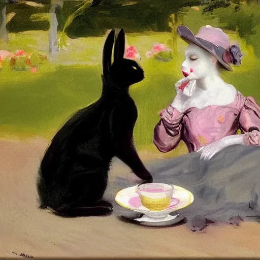 Prompt: a black cat having a picnic with a (bunny), the (bunny) has pink fur, the cat is drinking tea, highly detailed, painted by John Singer Sargent