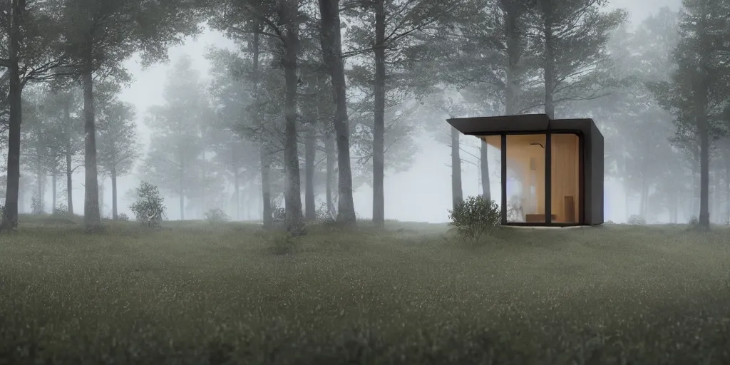 Prompt: the tiny cabin made of panels of ZINK cladding in Norvegia coast side, foggy day, hyper realistic, Future design, architecture design, foggy, organic form, foggy, environment, Cinematography, mega scans, sloped site, cinematic, hyper realistic, photo real, cinematic composition, highly detailed, vray, 8k render - H 1024