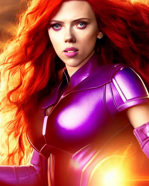 Image similar to scarlett johansson portraying a beautiful starfire, beautiful scarlett johansson starfire, movie, hyper realistic, hollywood promotional image, imax, 8 k