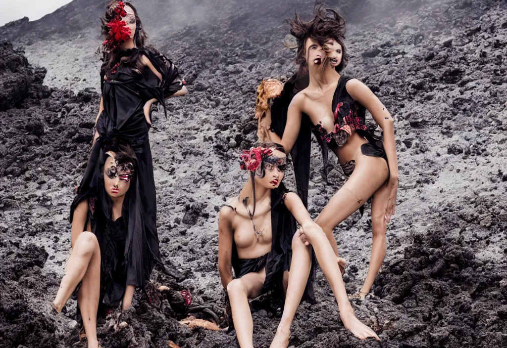 Image similar to fashion editorial in volcano eruption.