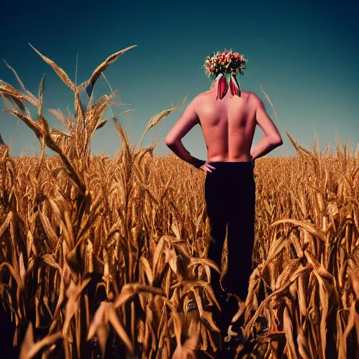 Prompt: kodak portra 8 0 0 photograph of a skinny blonde guy standing in a cornfield, flower crown, back view, grain, moody lighting, telephoto, 9 0 s vibe, blurry background, vaporwave colors!, faded!,