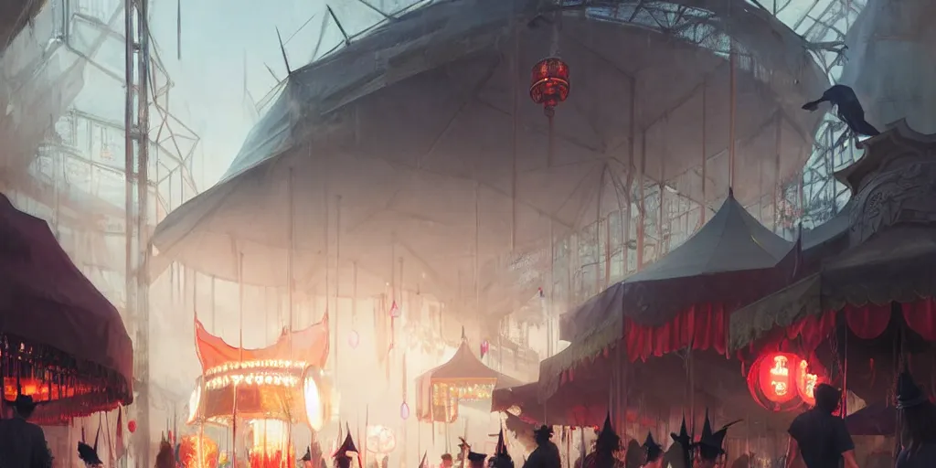 Image similar to close - up of student witches exploring and patrolling around a small carnival amusement, food stalls, big top circus tent, roaming entertainers, flashing lights, highly detailed, magical, japan mountains, digital painting, concept art, matte, art by ruan jia and wlop and greg rutkowski and makoto shinkai, masterpiece